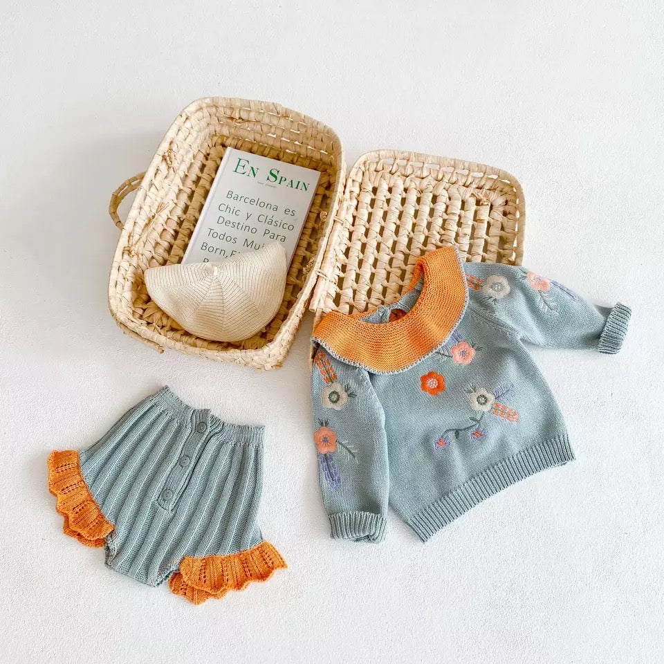 Set dos piezas short y sweater color azul y naranja